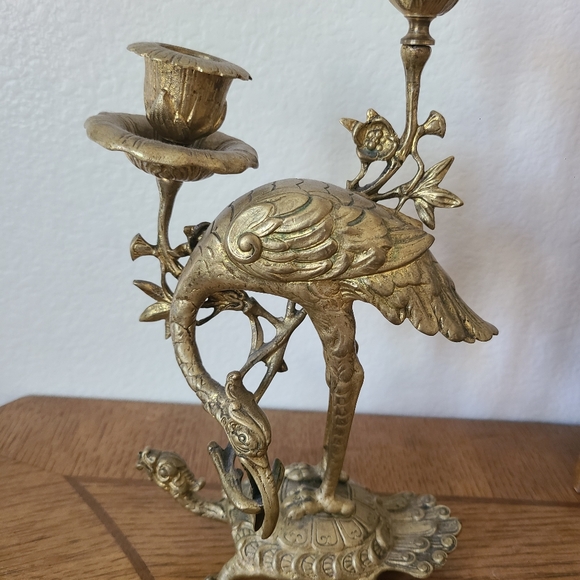 Japanese Gilt Bronze Crane on Dragon Turtle Candlesticks 19th Century - Antique - Picture 3 of 7
